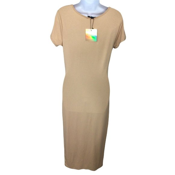 Missguided Nude Short Sleeve Midi Dress Sz 8 Soft Stretch Casual Fashion Fitted - Picture 2 of 9